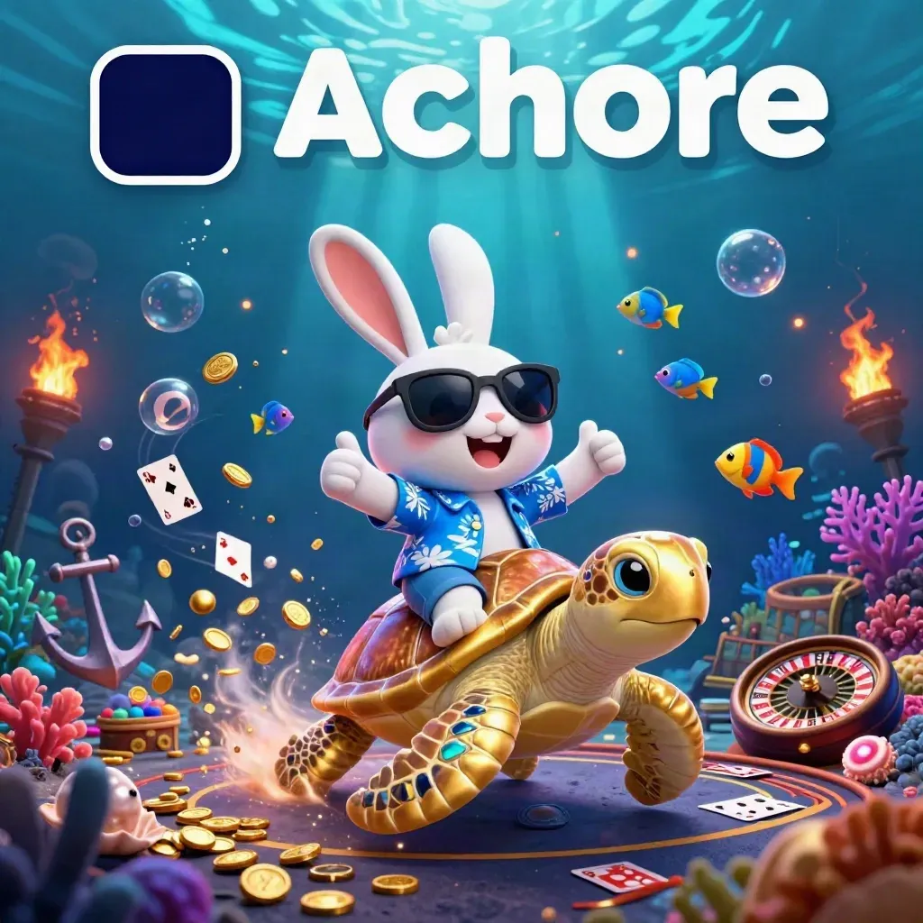 Lucky rabbit on a golden turtle in a glowing treasure cove with casino symbols and neon coral.