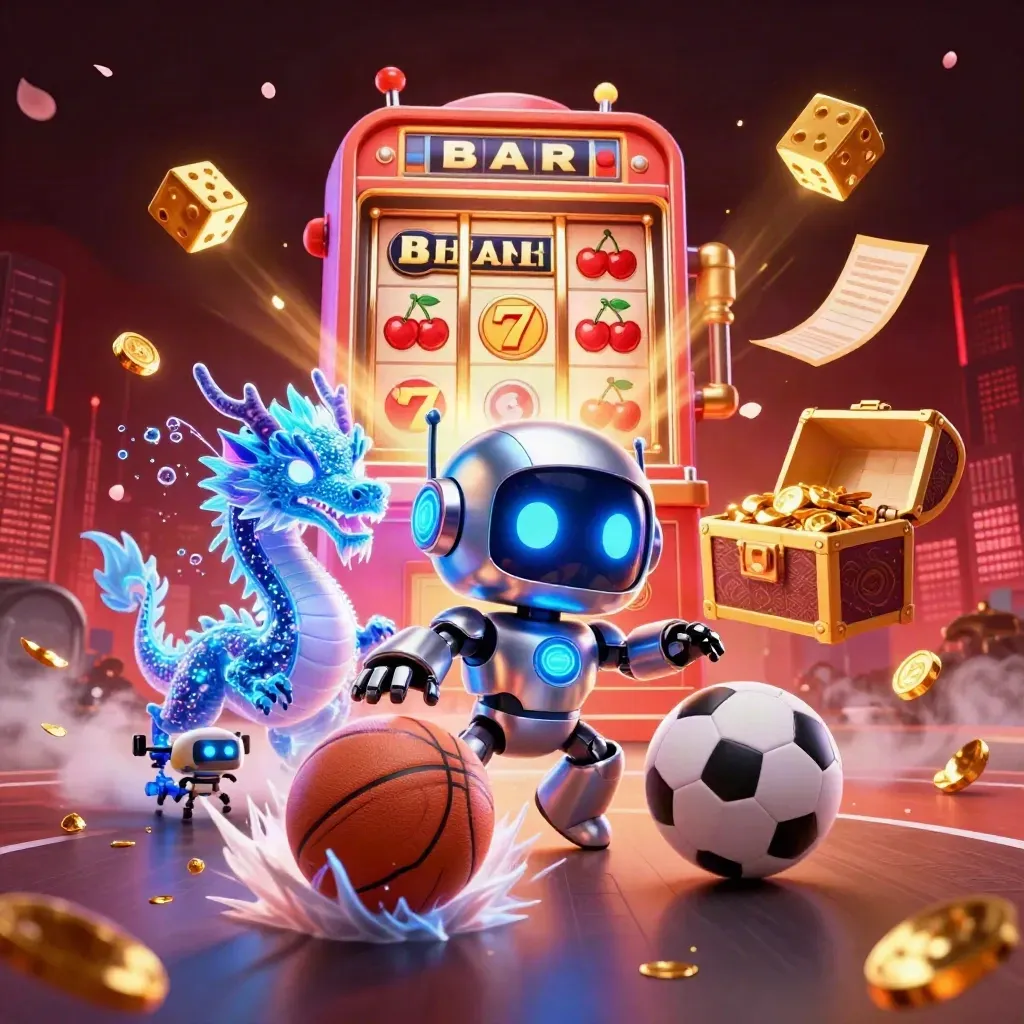 Cyberpunk robot, holographic dragon and coin drone burst around a neon basketball court.