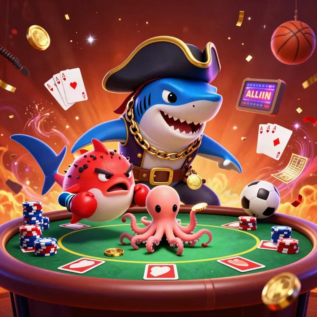 Pirate shark, boxing pufferfish, and octopus amid poker chips, cards, and sports balls.