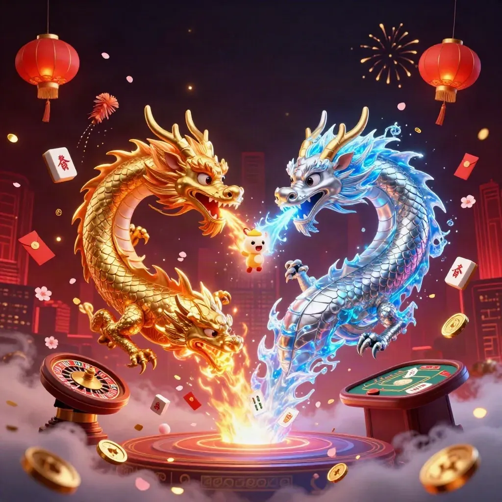 Twin dragons spiral through casino treasure, lanterns, tiles, and neon lights