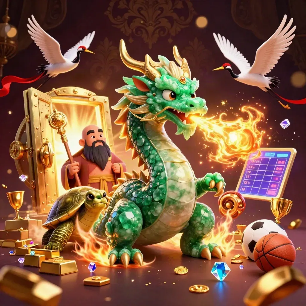 Dragon, turtle sage, and cranes amid casino treasure, gold, gems, and glowing lights.