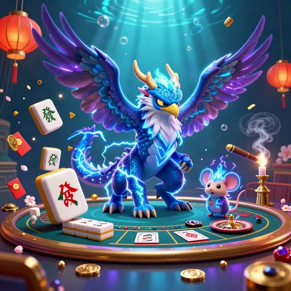 Fantasy casino dragon, hawk, and mouse over neon underwater baccarat scene.