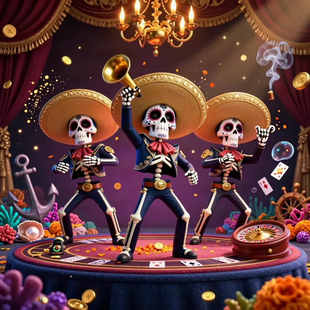 Skeleton mariachi trio in a luxe treasure-cove casino scene with roulette, cards, coral, and gold glow.