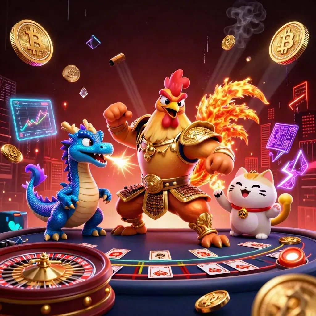 Rooster samurai, dragon hatchling, and fortune cat in a neon casino room with coins and roulette glow
