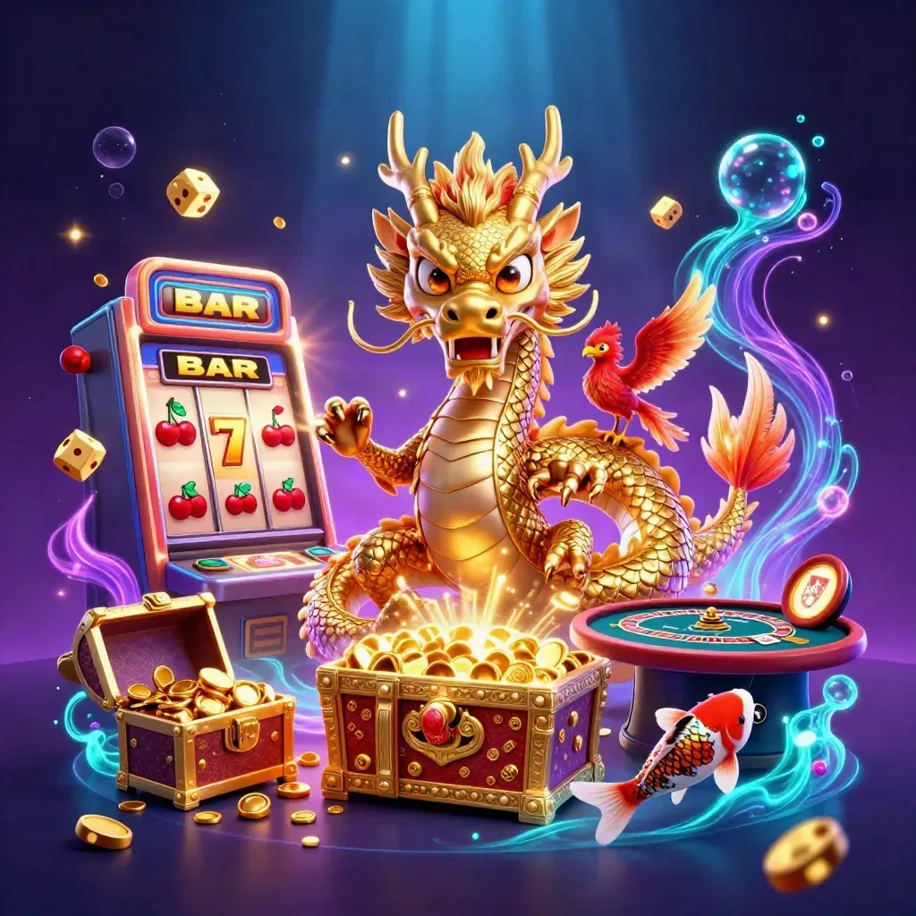 Golden dragon and phoenix amid slot rays, treasure, roulette and glowing casino magic.