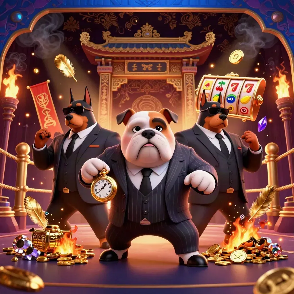Bulldog boss and Doberman guards amid coins, embers, temple gate and slot icons in luxe neon glow