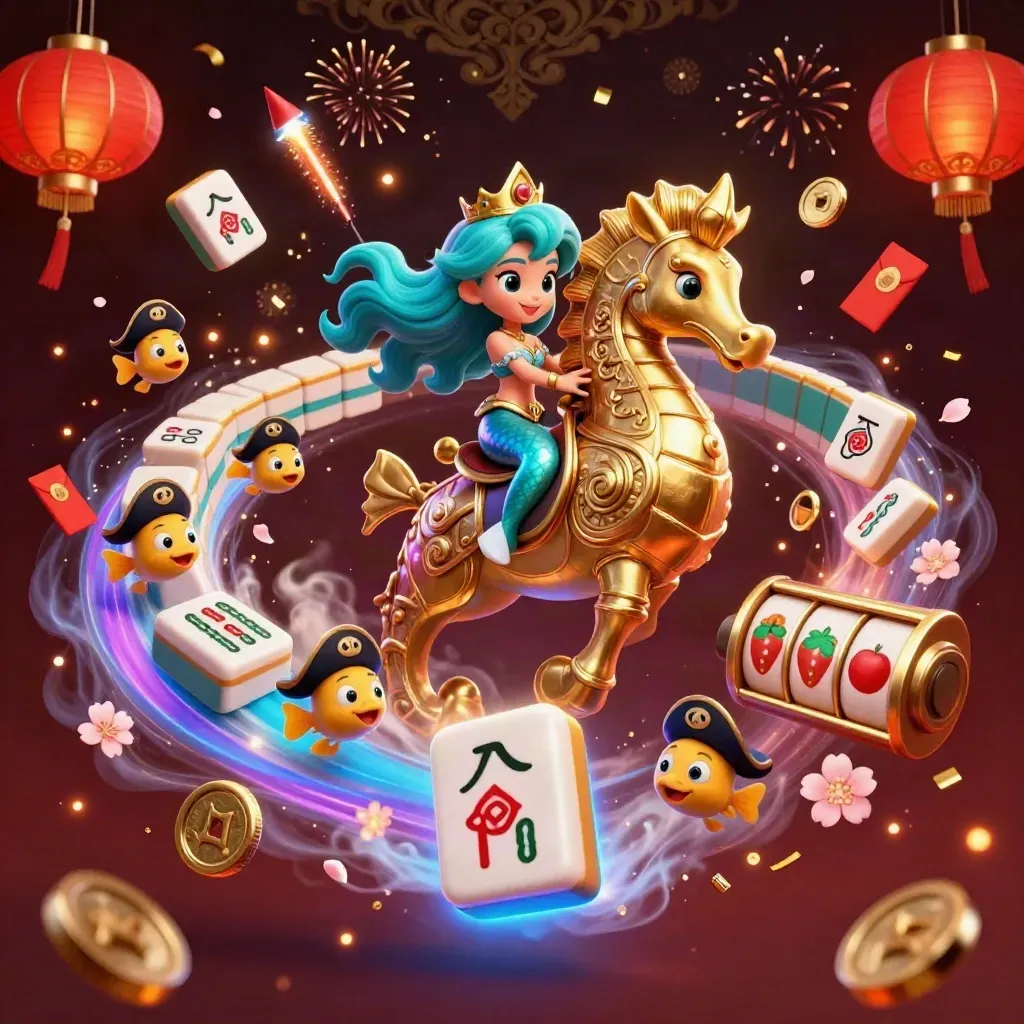 Mermaid princess on a gold seahorse amid treasure, fish, lanterns, coins, and casino loot.