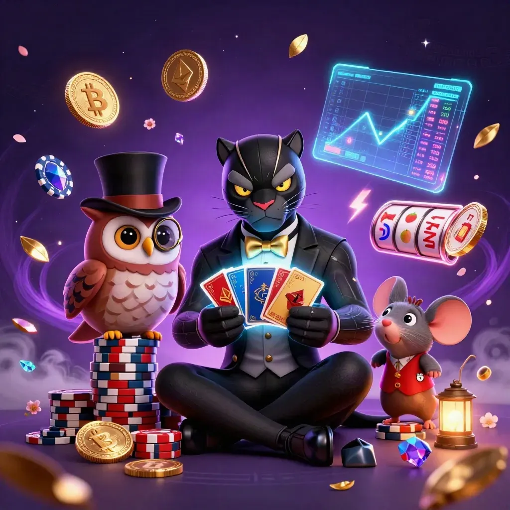 Panther, owl, and mouse in a neon casino fantasy with coins, chips, and purple magic