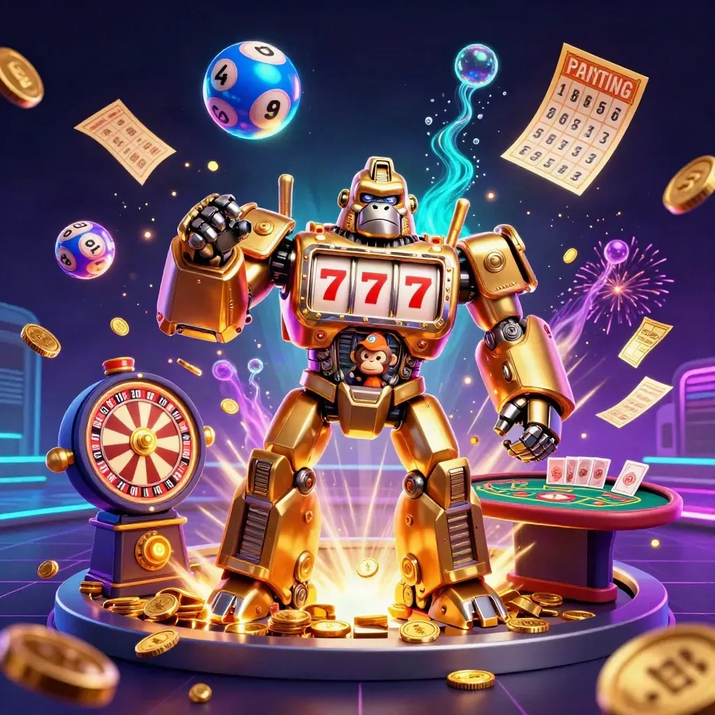 Golden gorilla mech with monkey pilot amid coins, fireworks, roulette wheel and glowing casino reels