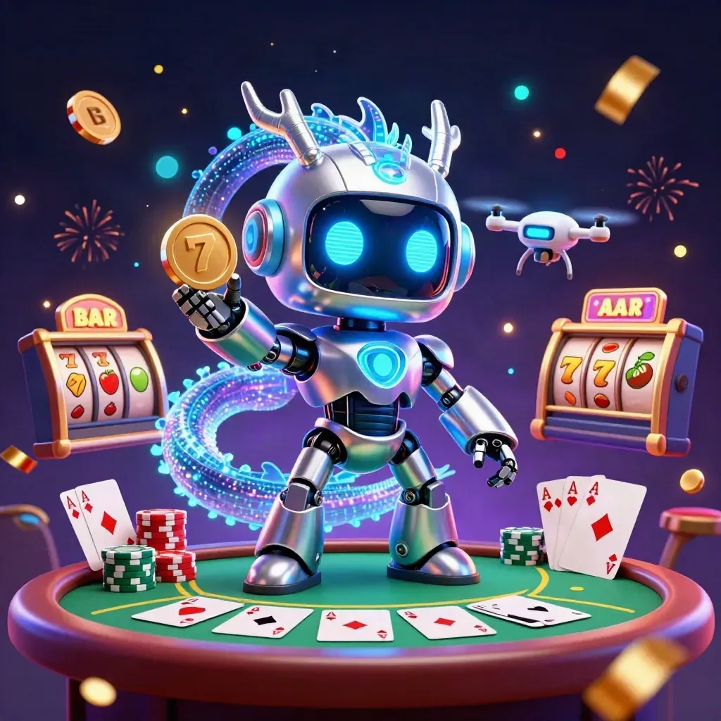 Cyberpunk robot, holographic dragon, and coin drone amid cards, chips, reels, and neon casino effects