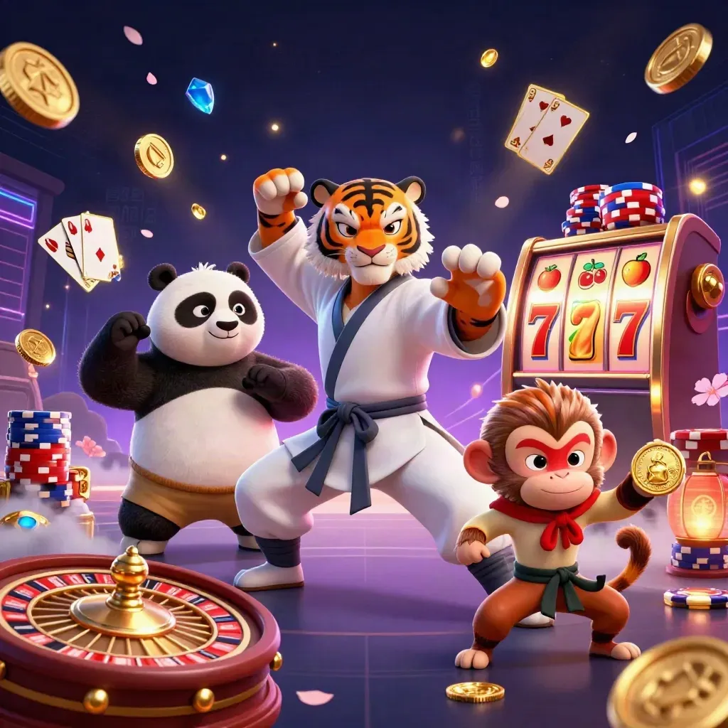 Tiger master, panda disciple, and monkey thief amid casino magic, coins, roulette, chips, and neon glow.